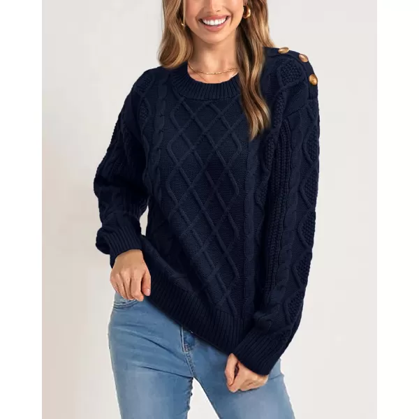 BTFBM Womens Long Sleeve Cable Sweater Crew Neck Button Shoulder Oversized Casual Fall Winter Knit Pullover Jumper TopsSolid Dark Blue