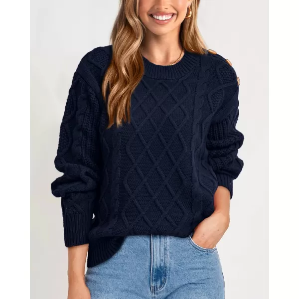 BTFBM Womens Long Sleeve Cable Sweater Crew Neck Button Shoulder Oversized Casual Fall Winter Knit Pullover Jumper TopsSolid Dark Blue