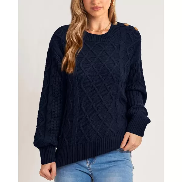 BTFBM Womens Long Sleeve Cable Sweater Crew Neck Button Shoulder Oversized Casual Fall Winter Knit Pullover Jumper TopsSolid Dark Blue