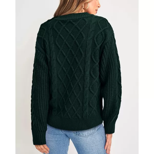 BTFBM Womens Long Sleeve Cable Sweater Crew Neck Button Shoulder Oversized Casual Fall Winter Knit Pullover Jumper TopsSolid Dark Green