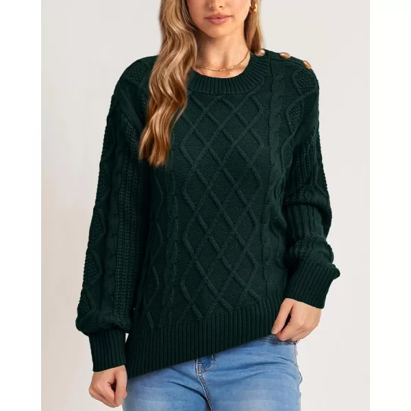 BTFBM Womens Long Sleeve Cable Sweater Crew Neck Button Shoulder Oversized Casual Fall Winter Knit Pullover Jumper TopsSolid Dark Green