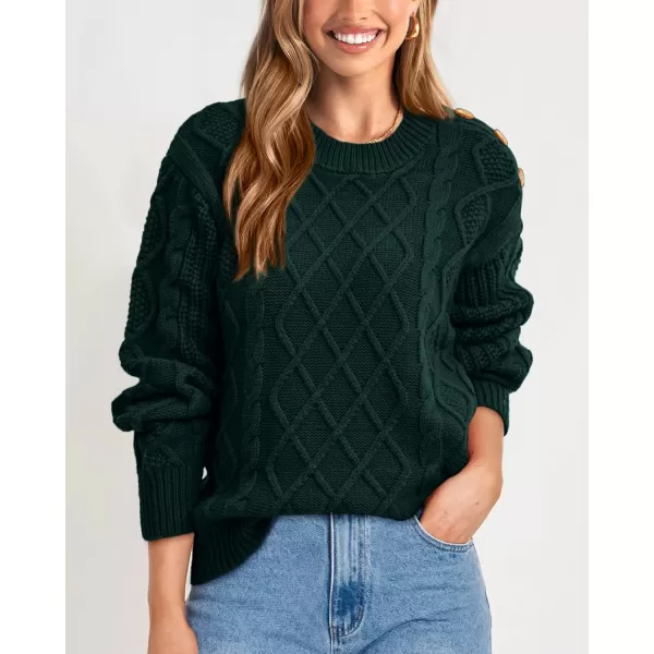 BTFBM Womens Long Sleeve Cable Sweater Crew Neck Button Shoulder Oversized Casual Fall Winter Knit Pullover Jumper TopsSolid Dark Green