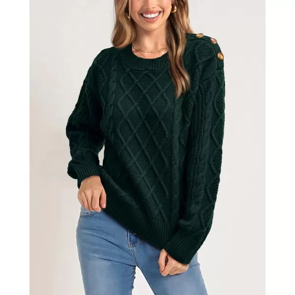 BTFBM Womens Long Sleeve Cable Sweater Crew Neck Button Shoulder Oversized Casual Fall Winter Knit Pullover Jumper TopsSolid Dark Green