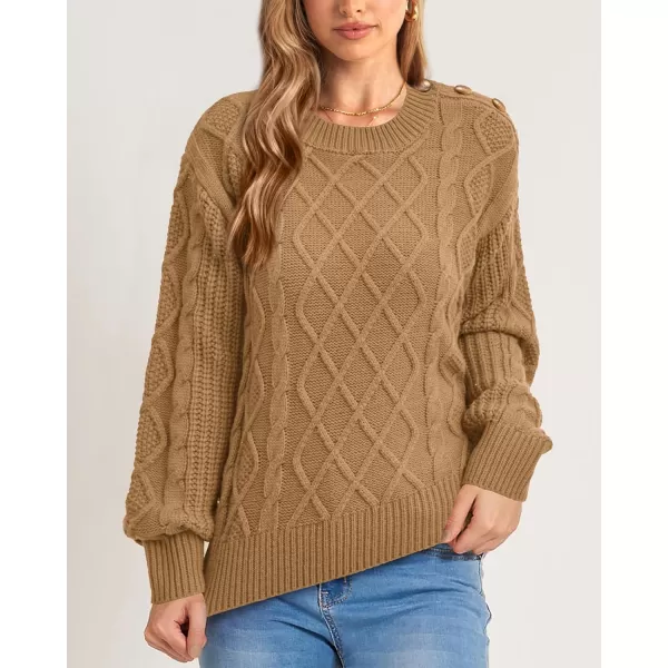 BTFBM Womens Long Sleeve Cable Sweater Crew Neck Button Shoulder Oversized Casual Fall Winter Knit Pullover Jumper TopsSolid Khaki