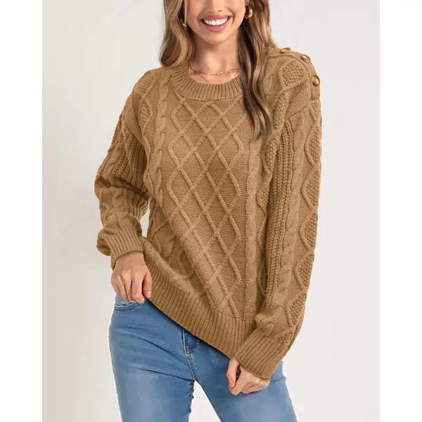 BTFBM Womens Long Sleeve Cable Sweater Crew Neck Button Shoulder Oversized Casual Fall Winter Knit Pullover Jumper TopsSolid Khaki