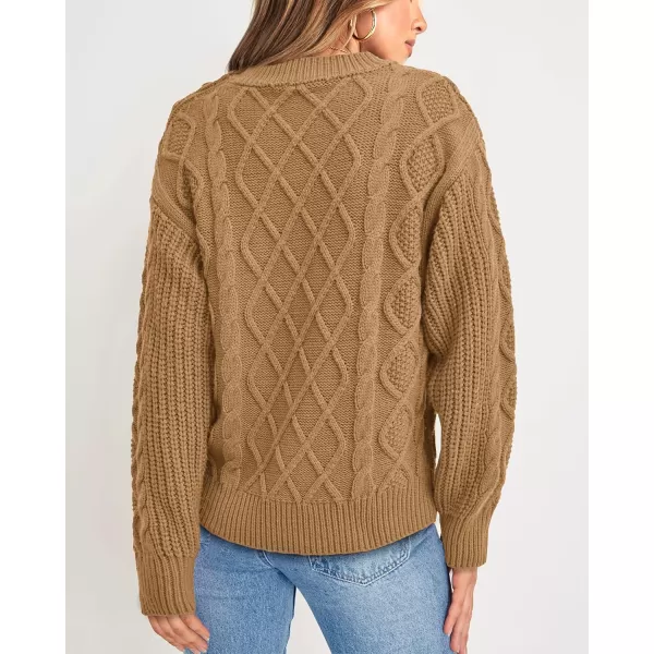 BTFBM Womens Long Sleeve Cable Sweater Crew Neck Button Shoulder Oversized Casual Fall Winter Knit Pullover Jumper TopsSolid Khaki