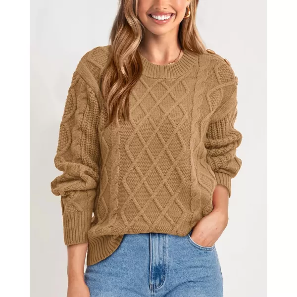 BTFBM Womens Long Sleeve Cable Sweater Crew Neck Button Shoulder Oversized Casual Fall Winter Knit Pullover Jumper TopsSolid Khaki