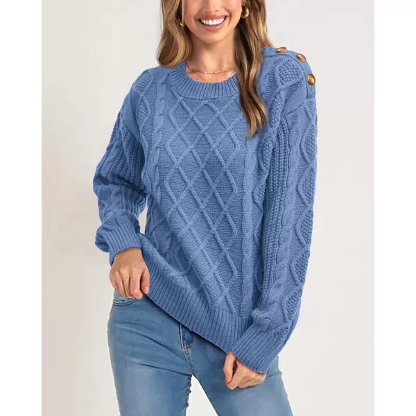 BTFBM Womens Long Sleeve Cable Sweater Crew Neck Button Shoulder Oversized Casual Fall Winter Knit Pullover Jumper TopsSolid Light Blue