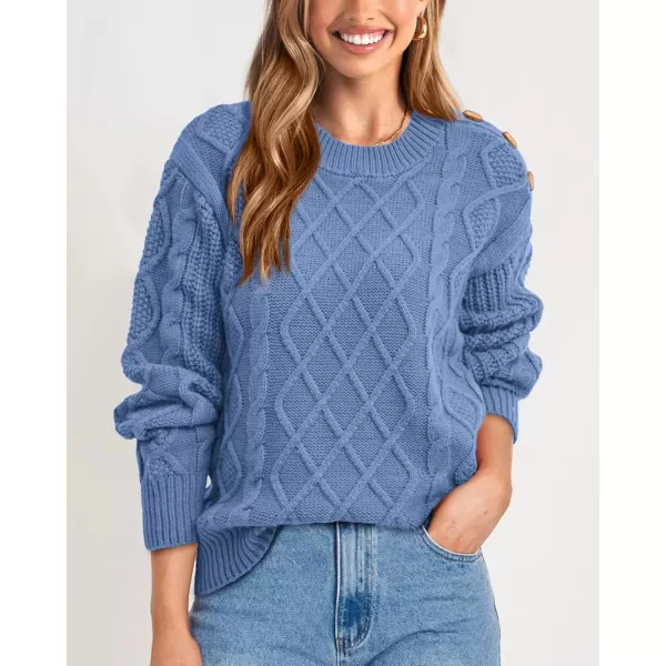 BTFBM Womens Long Sleeve Cable Sweater Crew Neck Button Shoulder Oversized Casual Fall Winter Knit Pullover Jumper TopsSolid Light Blue
