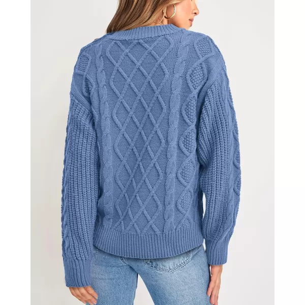BTFBM Womens Long Sleeve Cable Sweater Crew Neck Button Shoulder Oversized Casual Fall Winter Knit Pullover Jumper TopsSolid Light Blue