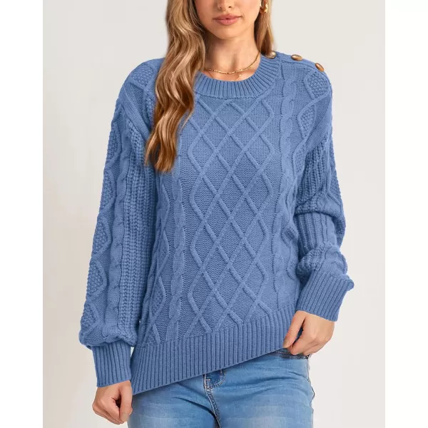 BTFBM Womens Long Sleeve Cable Sweater Crew Neck Button Shoulder Oversized Casual Fall Winter Knit Pullover Jumper TopsSolid Light Blue