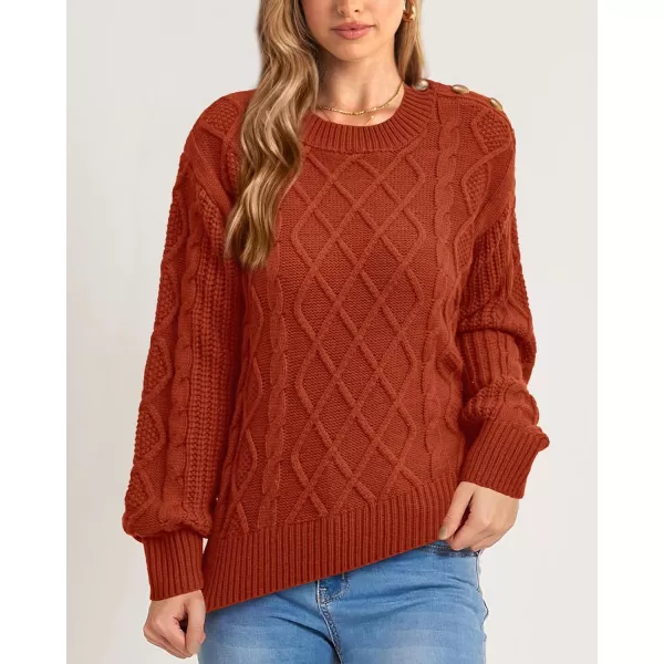 BTFBM Womens Long Sleeve Cable Sweater Crew Neck Button Shoulder Oversized Casual Fall Winter Knit Pullover Jumper TopsSolid Orange Red