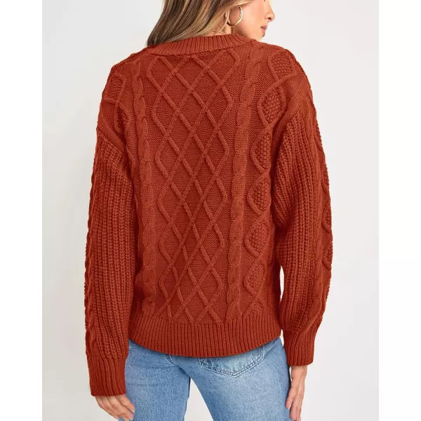 BTFBM Womens Long Sleeve Cable Sweater Crew Neck Button Shoulder Oversized Casual Fall Winter Knit Pullover Jumper TopsSolid Orange Red