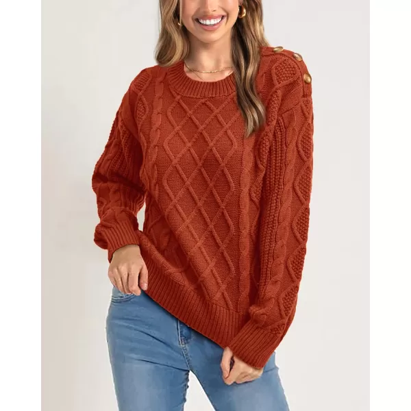 BTFBM Womens Long Sleeve Cable Sweater Crew Neck Button Shoulder Oversized Casual Fall Winter Knit Pullover Jumper TopsSolid Orange Red