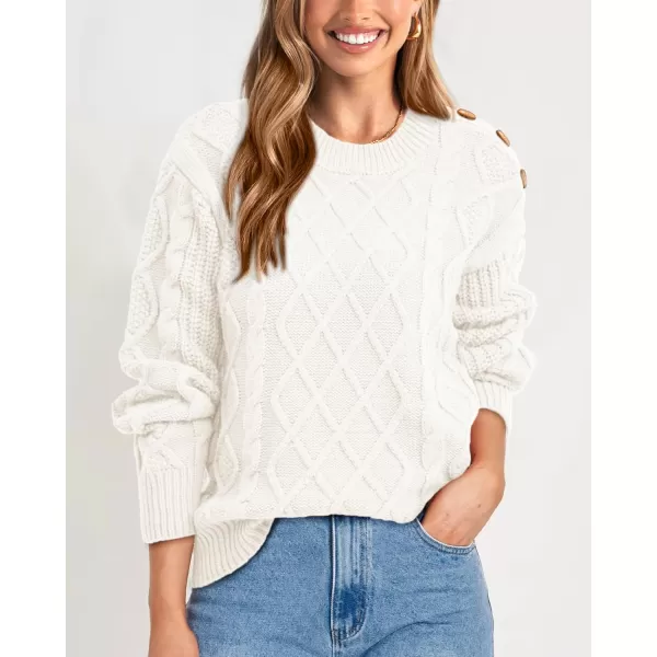 BTFBM Womens Long Sleeve Cable Sweater Crew Neck Button Shoulder Oversized Casual Fall Winter Knit Pullover Jumper TopsSolid White