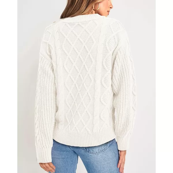 BTFBM Womens Long Sleeve Cable Sweater Crew Neck Button Shoulder Oversized Casual Fall Winter Knit Pullover Jumper TopsSolid White