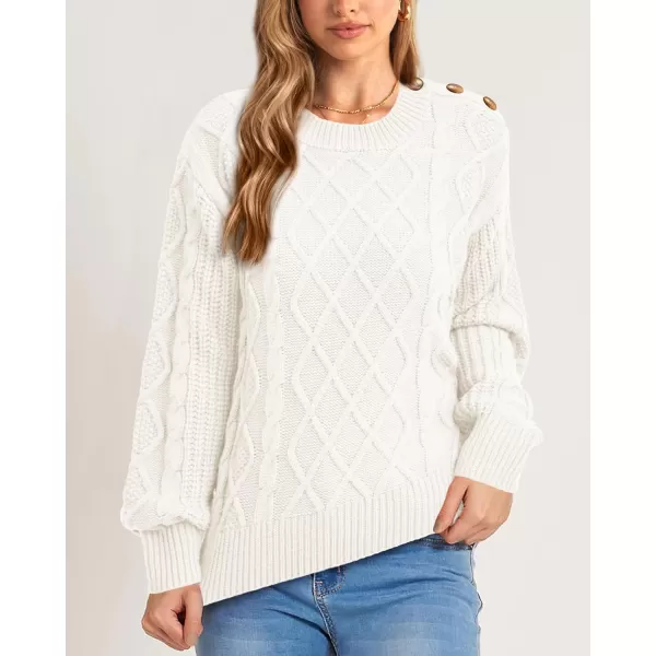 BTFBM Womens Long Sleeve Cable Sweater Crew Neck Button Shoulder Oversized Casual Fall Winter Knit Pullover Jumper TopsSolid White