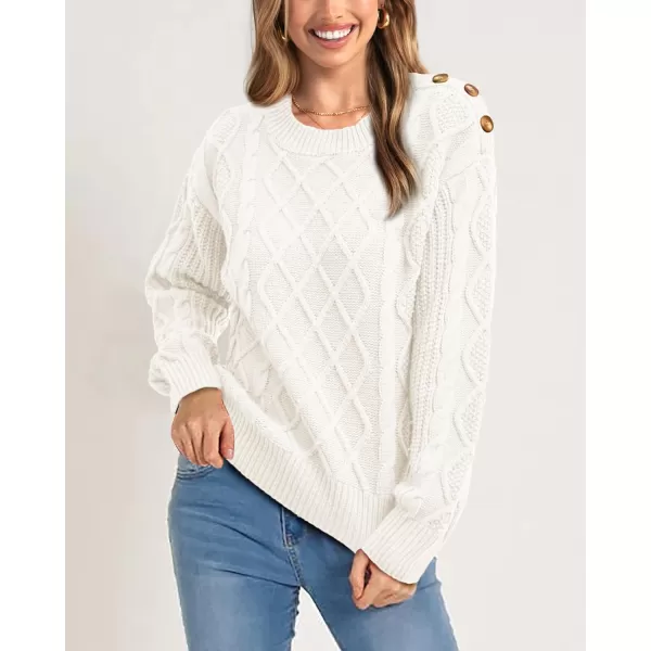 BTFBM Womens Long Sleeve Cable Sweater Crew Neck Button Shoulder Oversized Casual Fall Winter Knit Pullover Jumper TopsSolid White