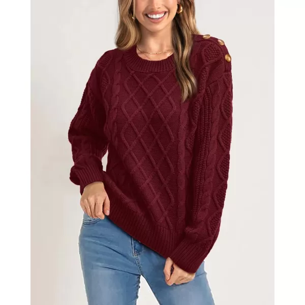 BTFBM Womens Long Sleeve Cable Sweater Crew Neck Button Shoulder Oversized Casual Fall Winter Knit Pullover Jumper TopsSolid Wine Red