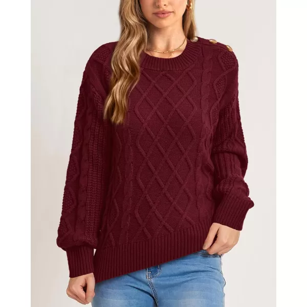 BTFBM Womens Long Sleeve Cable Sweater Crew Neck Button Shoulder Oversized Casual Fall Winter Knit Pullover Jumper TopsSolid Wine Red
