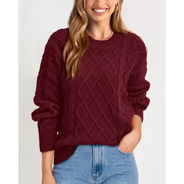BTFBM Womens Long Sleeve Cable Sweater Crew Neck Button Shoulder Oversized Casual Fall Winter Knit Pullover Jumper TopsSolid Wine Red