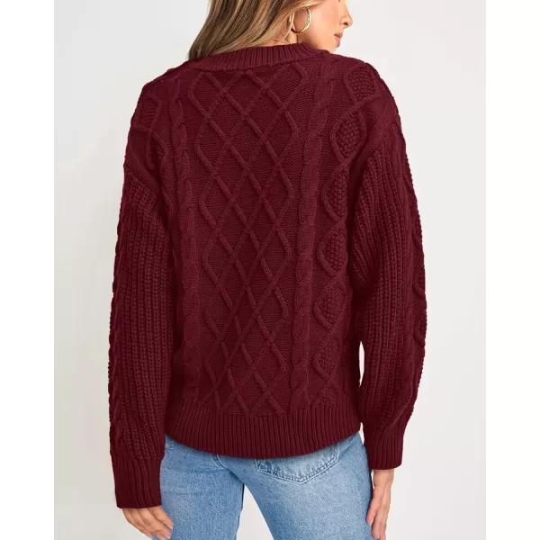 BTFBM Womens Long Sleeve Cable Sweater Crew Neck Button Shoulder Oversized Casual Fall Winter Knit Pullover Jumper TopsSolid Wine Red