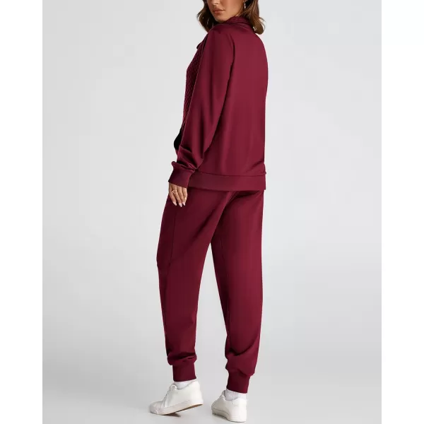 BTFBM Womens Sweatsuits 2 Piece Set Quilted Quarter Zip Pullover Jogger Sweatpants Tracksuit Fall Matching Lounge SetsSolid Wine Red