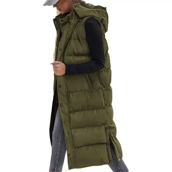 BTFBM Long Puffer Vest Women Quilted Hooded Button Down Zip Up Sleeveless Vests Outerwear Padded Jacket Winter Coat 2024Army Green