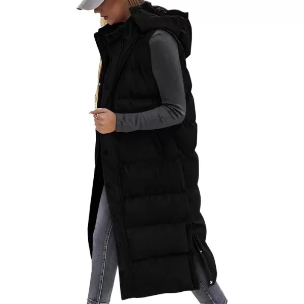 BTFBM Long Puffer Vest Women Quilted Hooded Button Down Zip Up Sleeveless Vests Outerwear Padded Jacket Winter Coat 2024Black