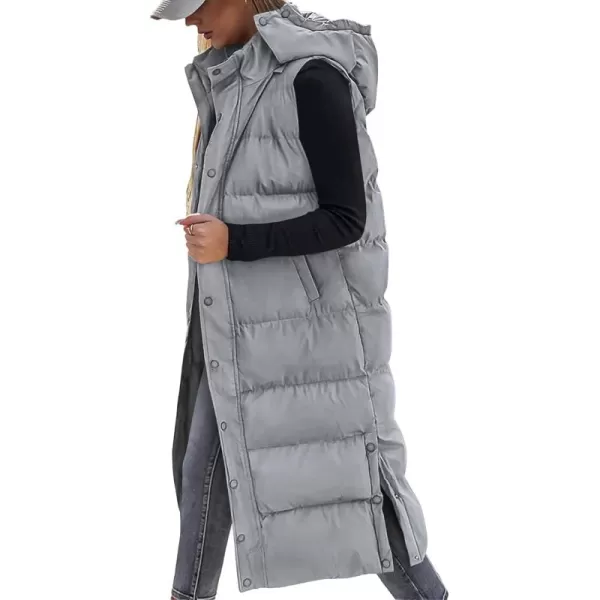 BTFBM Long Puffer Vest Women Quilted Hooded Button Down Zip Up Sleeveless Vests Outerwear Padded Jacket Winter Coat 2024Grey