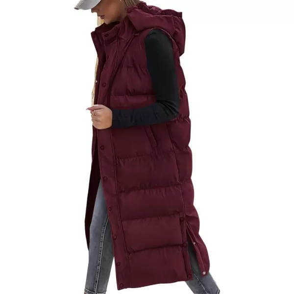 BTFBM Long Puffer Vest Women Quilted Hooded Button Down Zip Up Sleeveless Vests Outerwear Padded Jacket Winter Coat 2024Wine Red