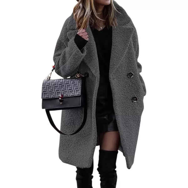 BTFBM Women 2024 Winter Faux Fur Coats Lapel Long Sleeve Fuzzy Fleece Outerwear Button Down Sherpa Jackets Fall OutfitsSolid Dark Grey