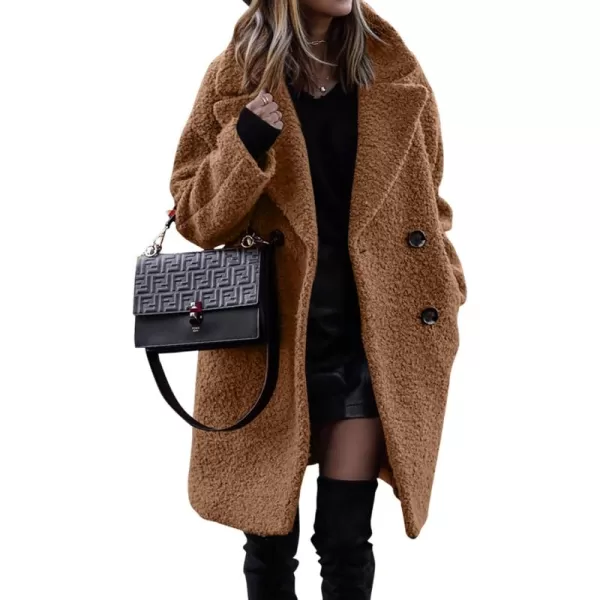 BTFBM Women 2024 Winter Faux Fur Coats Lapel Long Sleeve Fuzzy Fleece Outerwear Button Down Sherpa Jackets Fall OutfitsSolid Golden Camel