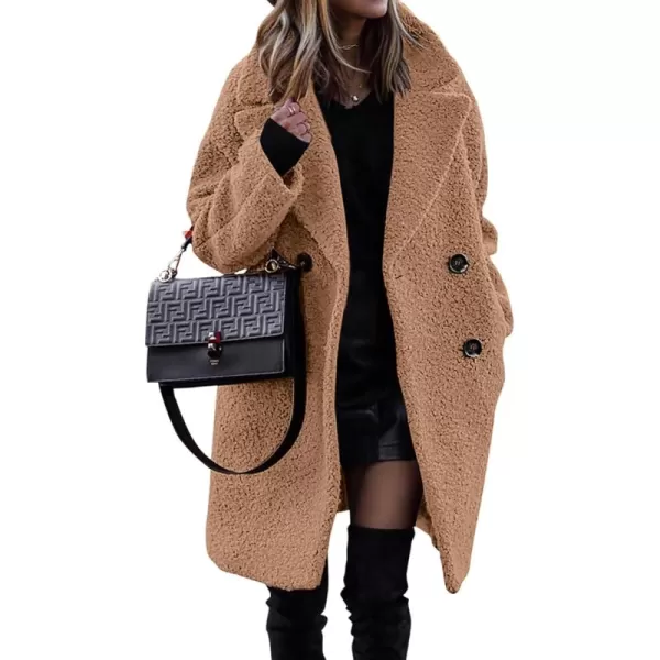 BTFBM Women 2024 Winter Faux Fur Coats Lapel Long Sleeve Fuzzy Fleece Outerwear Button Down Sherpa Jackets Fall OutfitsSolid Light Camel
