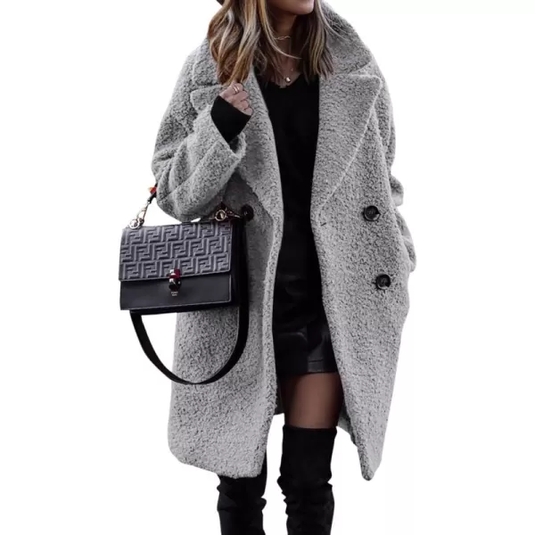 BTFBM Women 2024 Winter Faux Fur Coats Lapel Long Sleeve Fuzzy Fleece Outerwear Button Down Sherpa Jackets Fall OutfitsSolid Light Grey