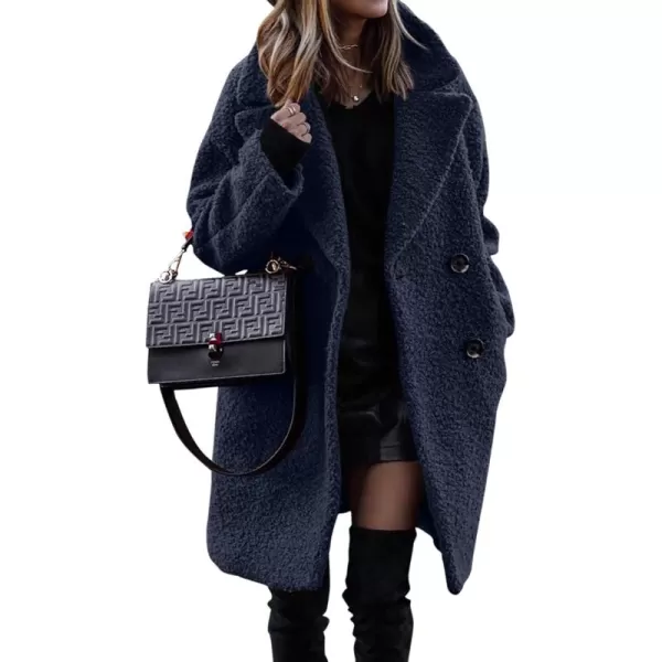 BTFBM Women 2024 Winter Faux Fur Coats Lapel Long Sleeve Fuzzy Fleece Outerwear Button Down Sherpa Jackets Fall OutfitsSolid Navy