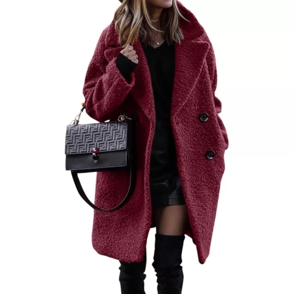 BTFBM Women 2024 Winter Faux Fur Coats Lapel Long Sleeve Fuzzy Fleece Outerwear Button Down Sherpa Jackets Fall OutfitsSolid Wine Red