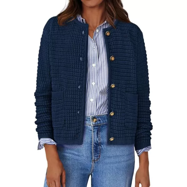 BTFBM Women Cardigan Sweaters Fall Fashion 2024 Button Down Long Sleeve Chunky Knit Open Front Tweed Jacket OuterwearSolid Navy