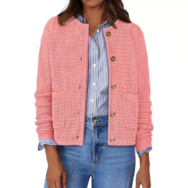 BTFBM Women Cardigan Sweaters Fall Fashion 2024 Button Down Long Sleeve Chunky Knit Open Front Tweed Jacket OuterwearSolid Pink