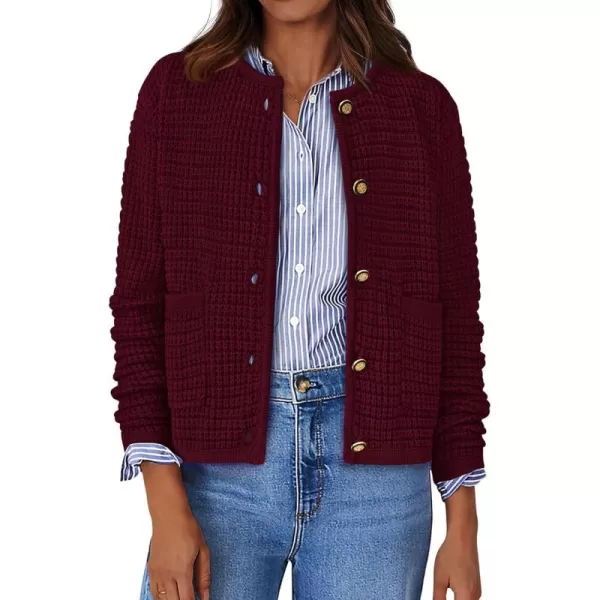 BTFBM Women Cardigan Sweaters Fall Fashion 2024 Button Down Long Sleeve Chunky Knit Open Front Tweed Jacket OuterwearSolid Wine Red