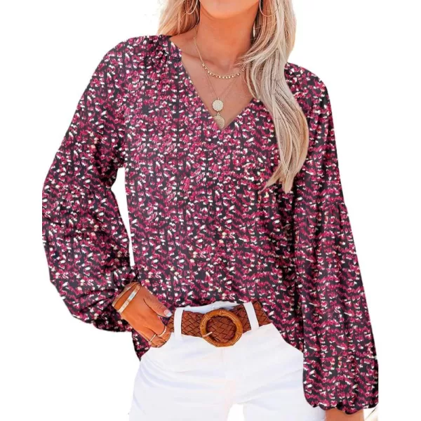 BTFBM Women Casual Boho Blouse Fashion Floral Shirts V Neck Long Puff Sleeve Lightweight Chiffon Summer Fall Tops 2024Print Red Black