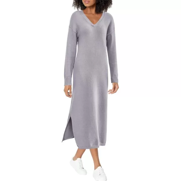 BTFBM Women Fall Sweater Dress V Neck Long Sleeve Slit Maxi Dresses Casual Knit Oversized Sweaters 2024 Winter ClothesSolid Grey