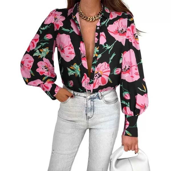 BTFBM Women Fashion Button Down Shirts Lapel V Neck Printed Solid Boho Long Sleeve Blouses Dressy Casual Summer Fall TopBig Floral Black Pink