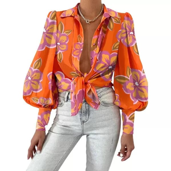 BTFBM Women Fashion Button Down Shirts Lapel V Neck Printed Solid Boho Long Sleeve Blouses Dressy Casual Summer Fall TopFloral Orange Purple