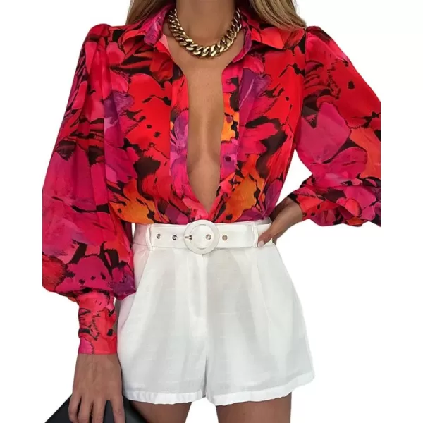 BTFBM Women Fashion Button Down Shirts Lapel V Neck Printed Solid Boho Long Sleeve Blouses Dressy Casual Summer Fall TopFloral Red