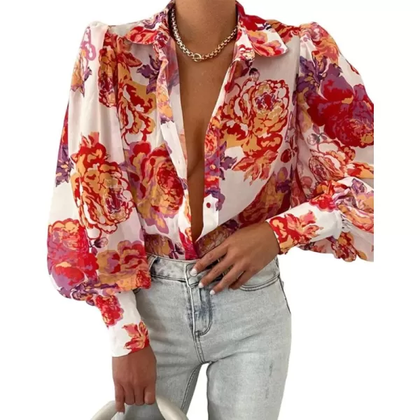 BTFBM Women Fashion Button Down Shirts Lapel V Neck Printed Solid Boho Long Sleeve Blouses Dressy Casual Summer Fall TopFloral White Red