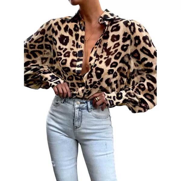 BTFBM Women Fashion Button Down Shirts Lapel V Neck Printed Solid Boho Long Sleeve Blouses Dressy Casual Summer Fall TopLeopard Print