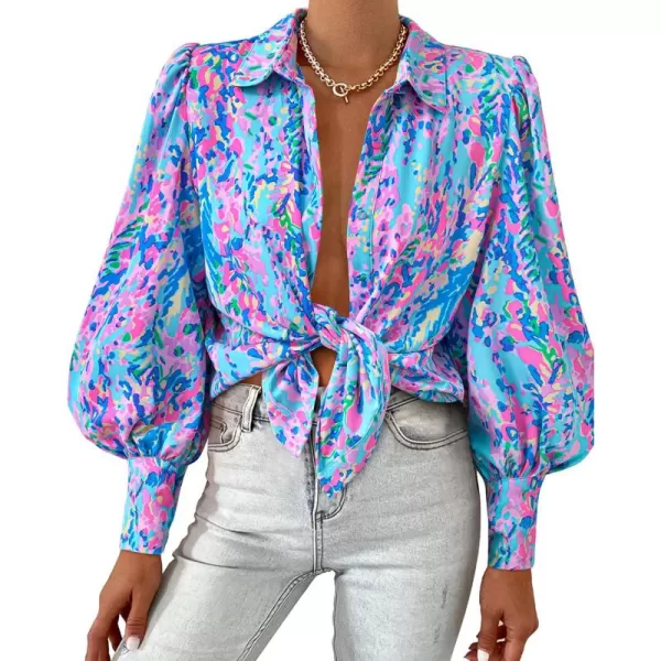 BTFBM Women Fashion Button Down Shirts Lapel V Neck Printed Solid Boho Long Sleeve Blouses Dressy Casual Summer Fall TopMulti Blue Pink