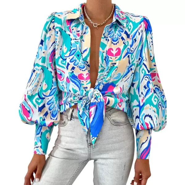 BTFBM Women Fashion Button Down Shirts Lapel V Neck Printed Solid Boho Long Sleeve Blouses Dressy Casual Summer Fall TopMulti Green Blue