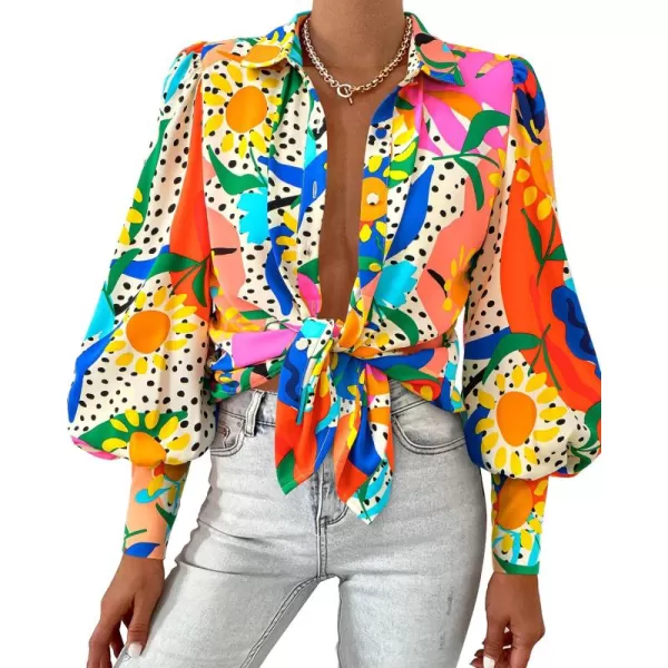 BTFBM Women Fashion Button Down Shirts Lapel V Neck Printed Solid Boho Long Sleeve Blouses Dressy Casual Summer Fall TopMulti Orange